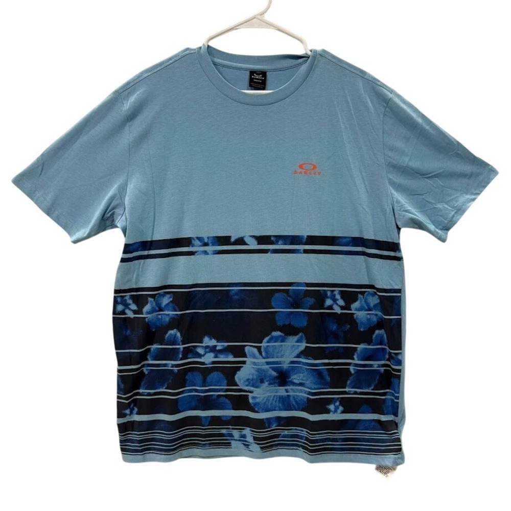 Oakley Mens Light Blue Floral Striped Graphic T-Shirt Regular Fit Size Large